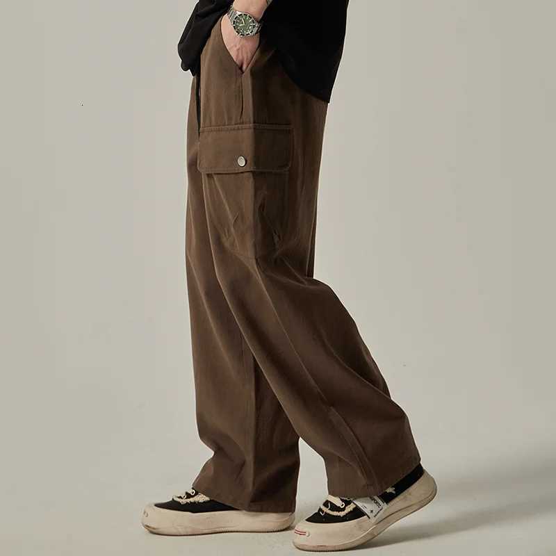Mens Sweatpants 2025 Spring Autumn Vintage Japanese Wide Leg Straight Loose Button Big Pockets Cargo Pants Drawstring TrousersXJ250904