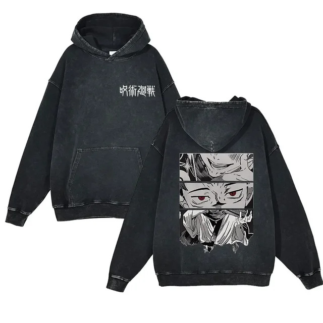 440g Heavyweight Washed Vintage Jujutsu Kaisen Anime Battle Retro Cotton Hoodie Streetwear - VT1673