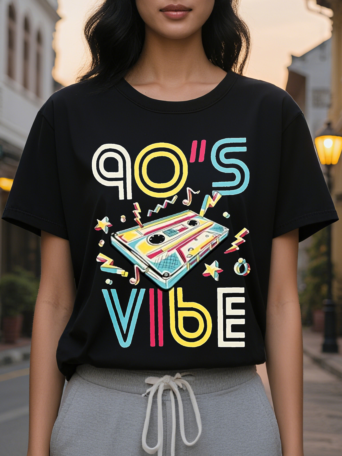 Women's Retro VIBE Graphic Sleeveless Tank Top Vintage Cassette Stars Print Round Neck Washable