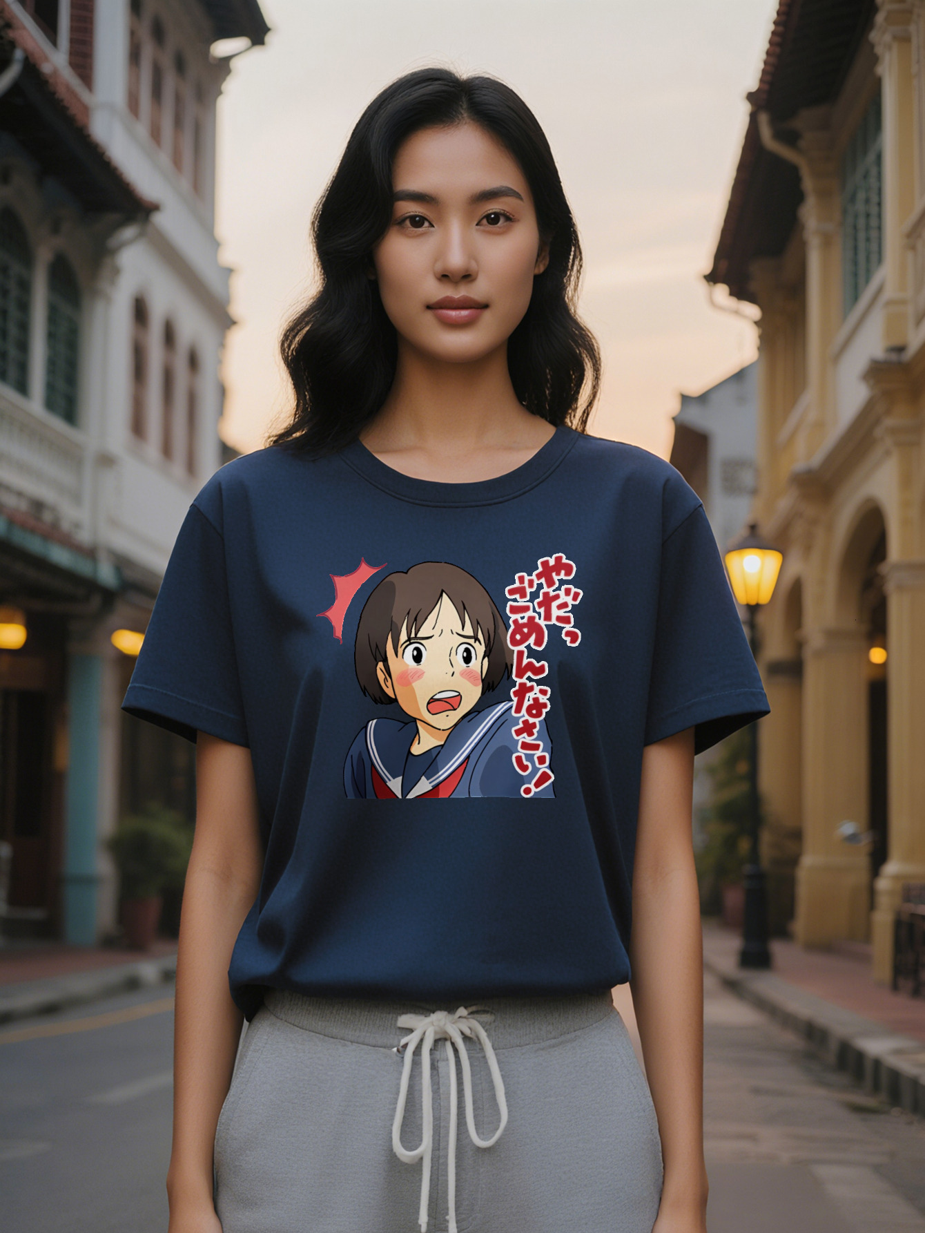 Large XL Casual Round Neck T-Shirt with Anime Print Black Short Sleeve Tee Featuring Crying Girl Character Design Perfect Gift Plus Size