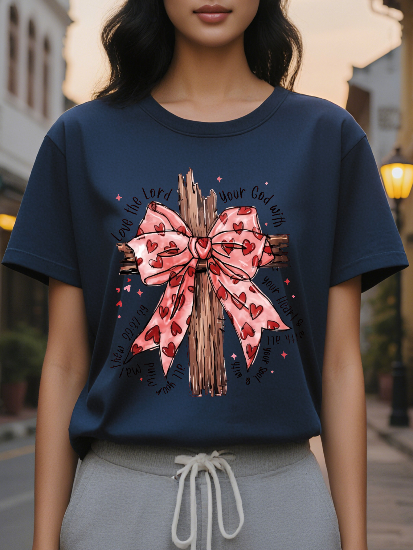 Large XL Religious Faith Women's Short Sleeve T-Shirt Love Jesus Bowtie Bible Verse Best Gift for Her SpringSummer Fit Round Plus size