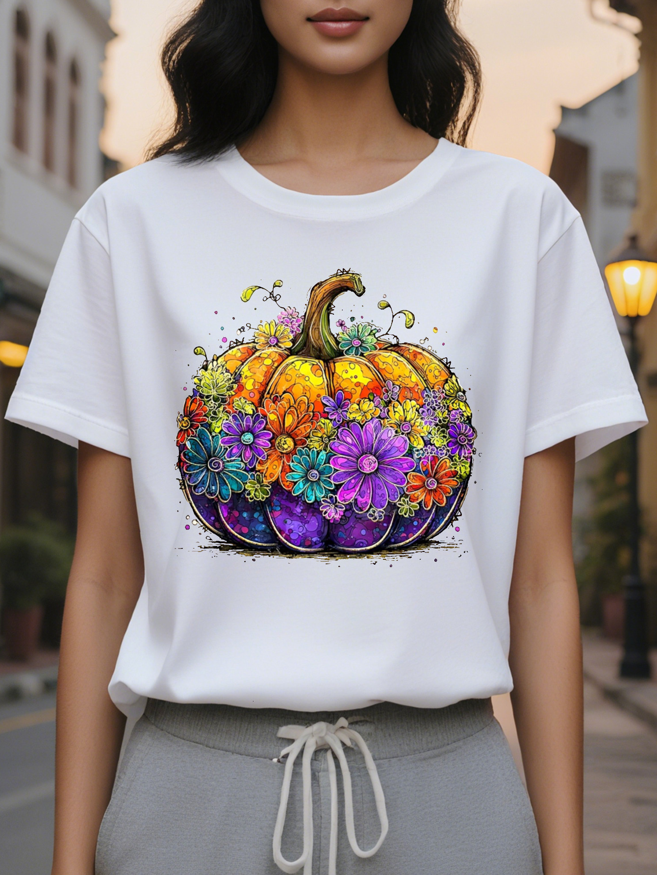 Large XL Women S Floral Print Crewneck Sweatshirt Cozy Casual Pullover Soft Beige with Vibrant Orange Pumpkin Purple Flowers Plus Size