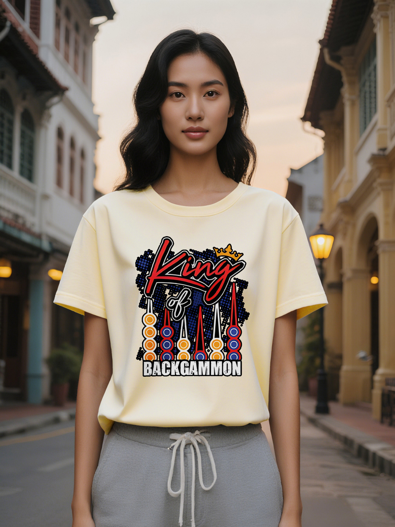 Large XL Casual King of BACKGAMMON Print T-Shirt Black Crew Neck Tee with Crown Swords Design Gaming Themed Apparel Perfect Plus Size