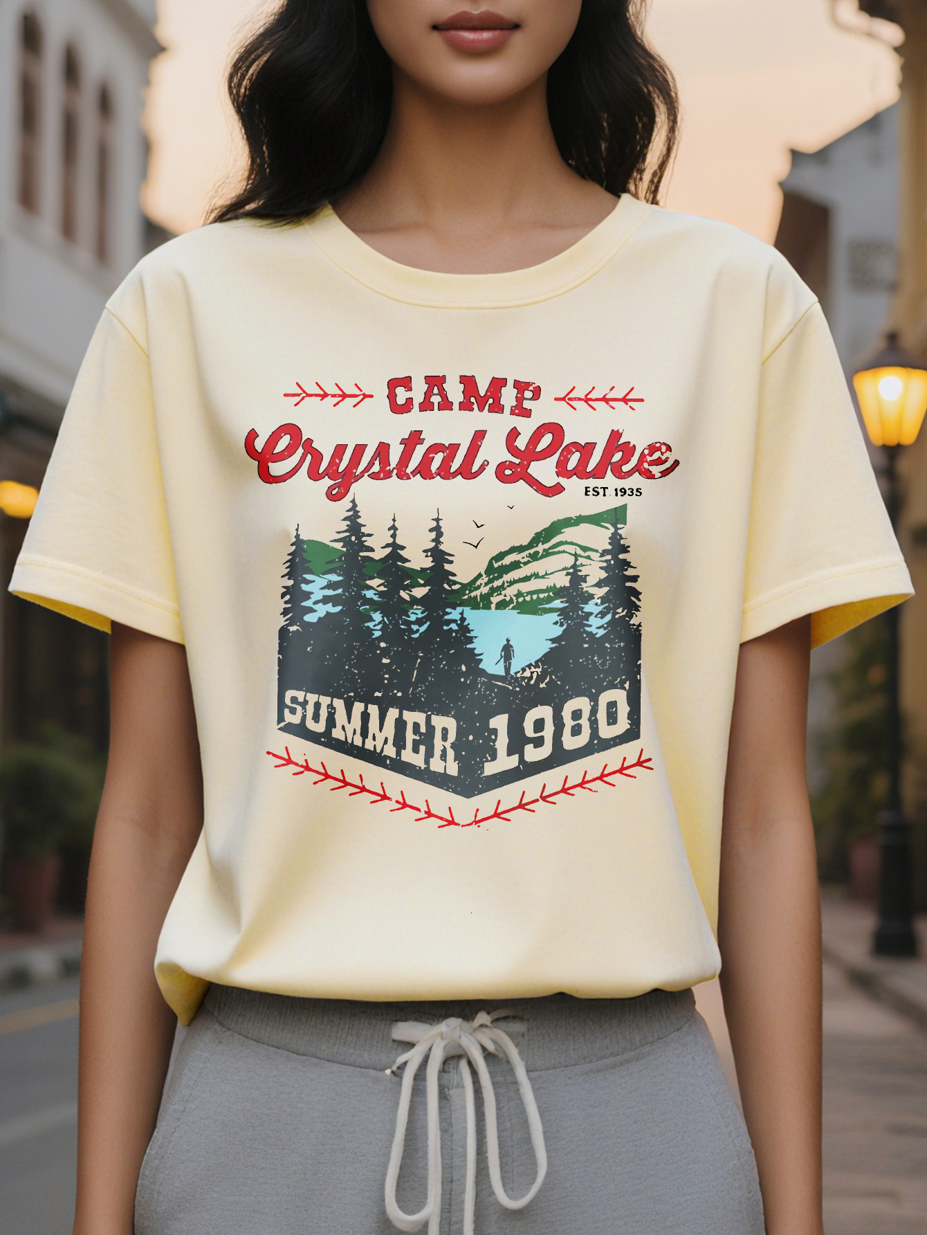 Vibrant Crystal Lake Camp Printed Round Neck T-Shirt Dress Women's Summer Combination Version Relaxed Fit Breathable