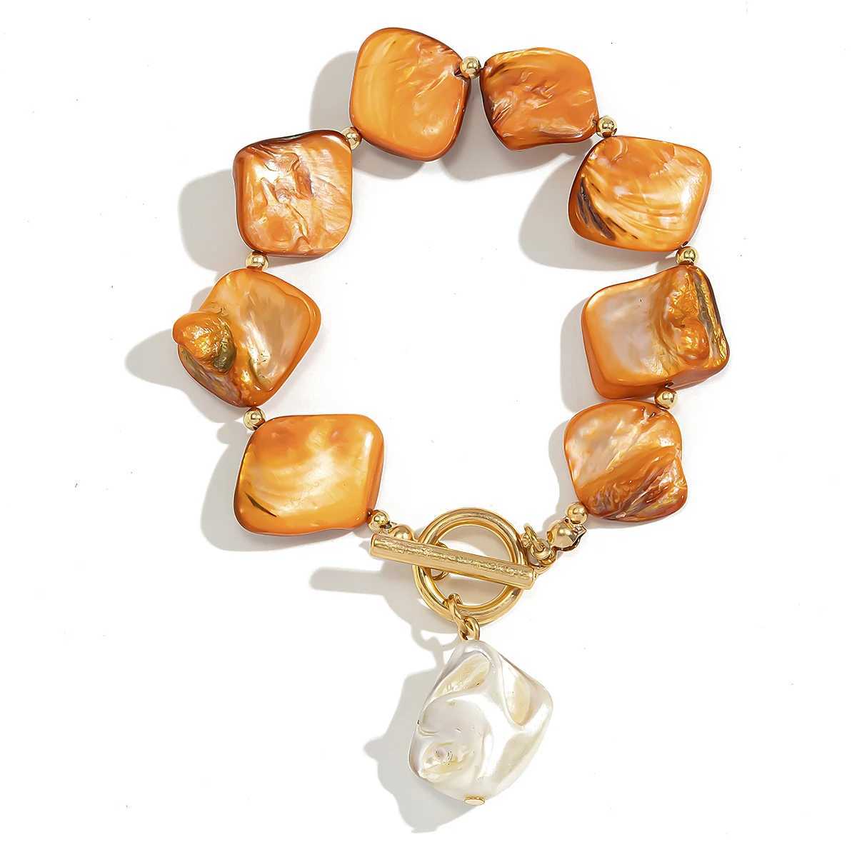 PuRui Boho Imitation Pearl Orange Geometric Stone Chain Bangle Rantic Wen OT Buckle Summer Ocean Beach Pendant Bracelet Y250904