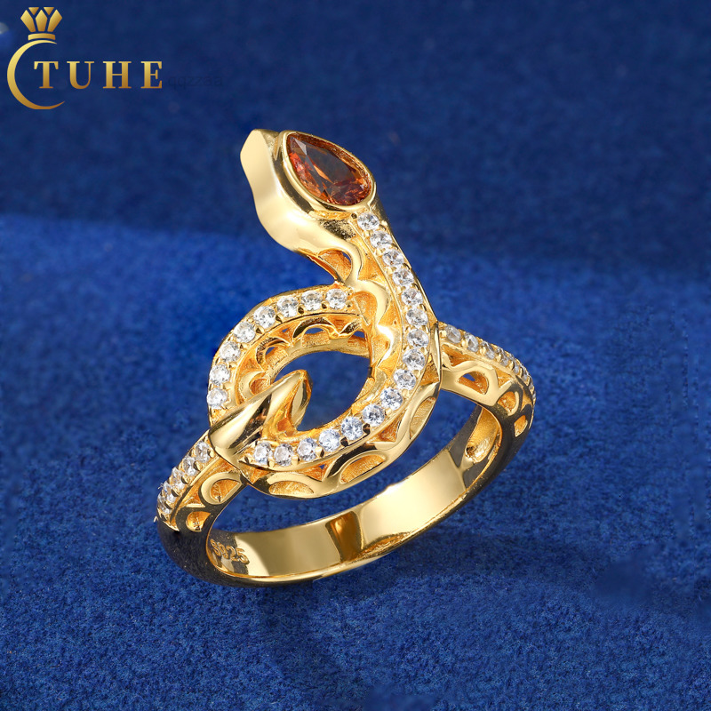 New Design 925 Sterling Silver Jewelry Ring Gold Plate Iced Out VVS Moissanite Hip Hop Spiritual Snake Ring for Rapper Men