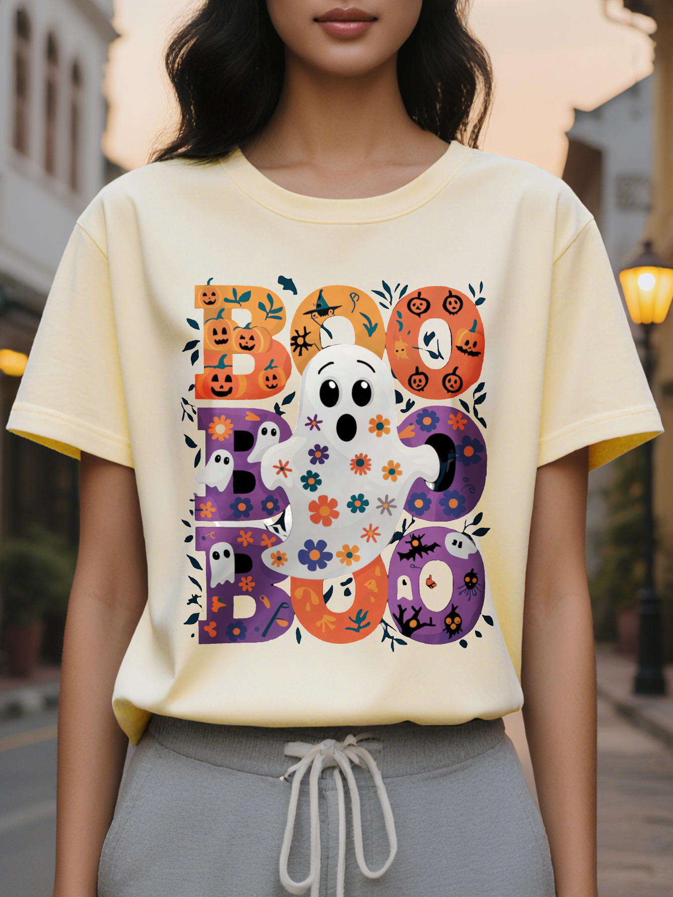 Ladies Cute Boo Pattern T Shirt with Floral Pumpkin Orange Purple Fall Colors Lightweight Round Neck Casual Top