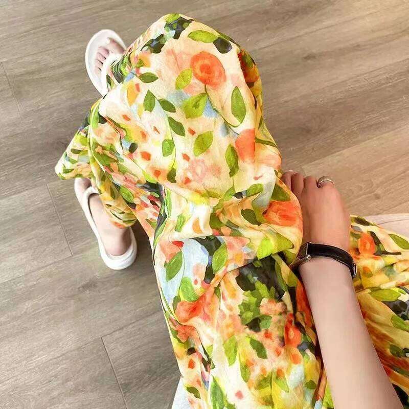 Beach Pants Loose Wide-Leg Female Seaside Leisure INS High Waist Cropped Pant Straight Floral Trousers 2024 Summer New