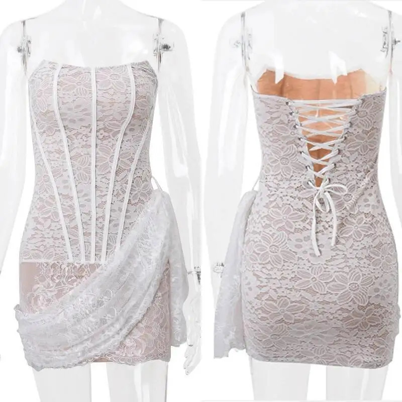 Giyu Women Sexy Strapless Lace Corset Mini Dress 2025 Summer Sleeveless Laceup Blackless Bodycon White Dresses Club Party Robe250903