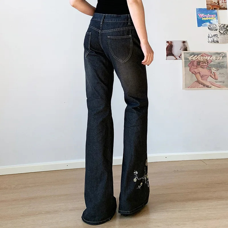 Floral y Jeans Vintage 2000s Low Rise Flared Women Retro y2k Baggy Denim Pants High Street Basic Trousers Z260313