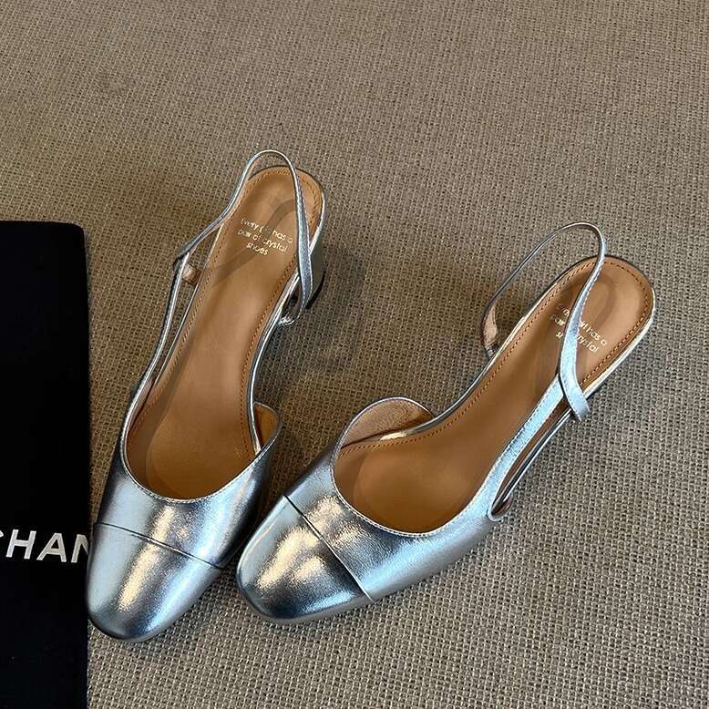 Designer Shoe Backless One-Strap Closed-Toe Sandals for Women, Genuine Leather, Odor-Free, Thick Heel Slippers, Round Toe, Slimming, Commuter Single S