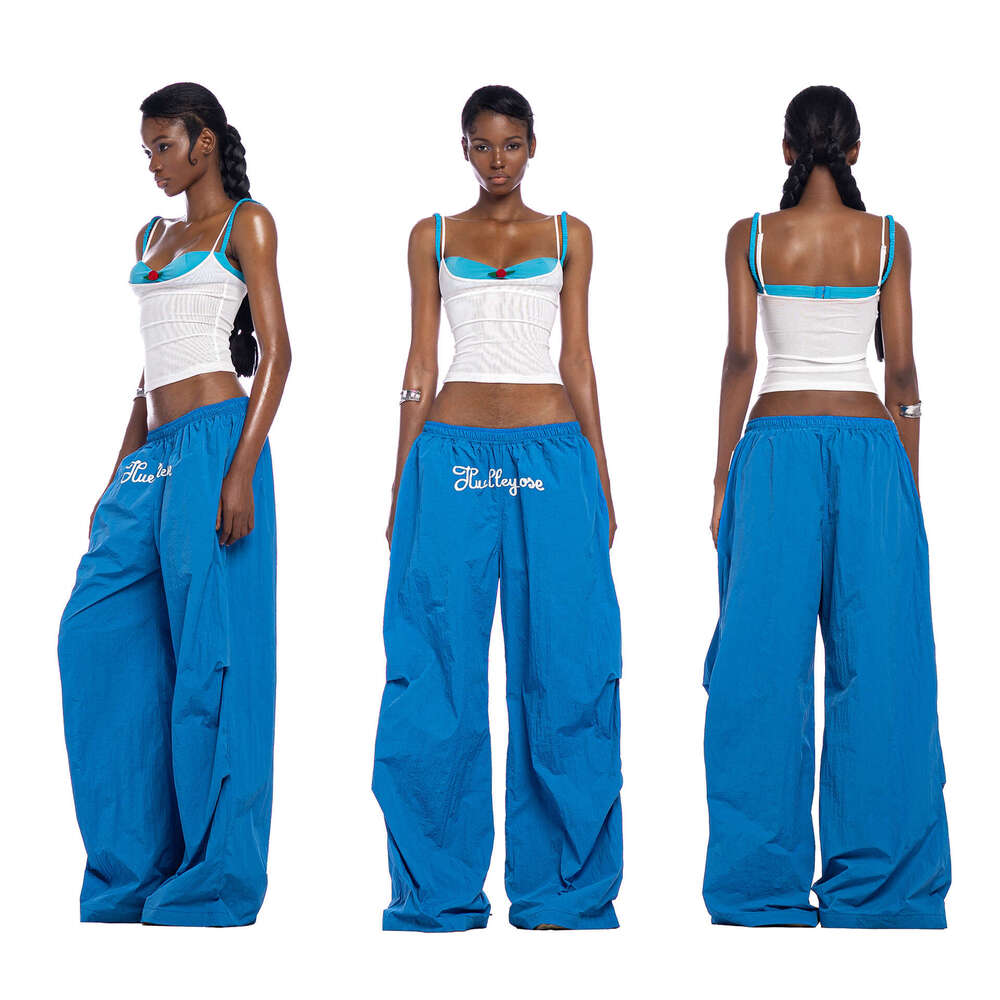 European and American Women's Elastic High Waist Letter Print Loose Casual Street Fashion Simple Versatile Woven Trousers