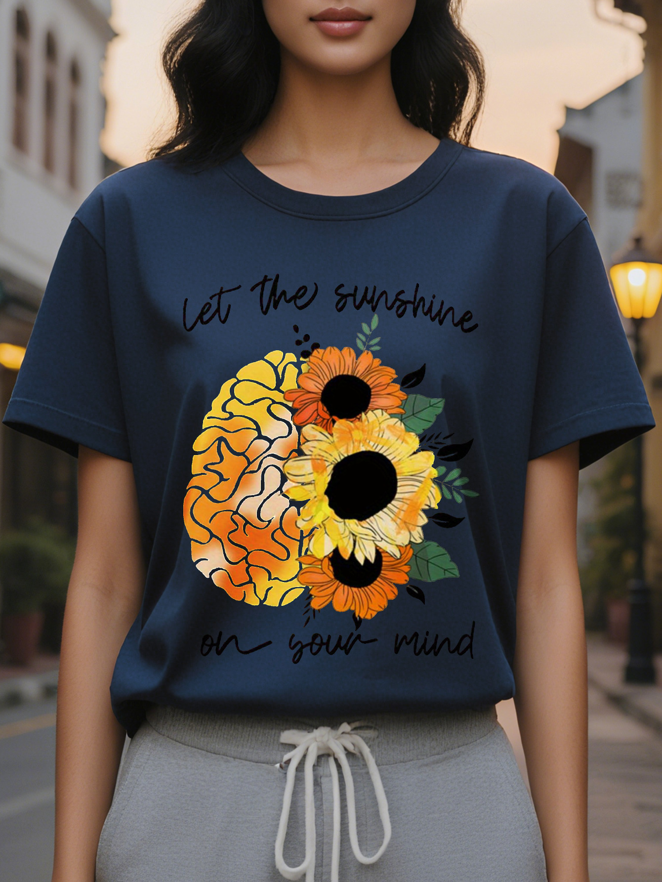 Ladies Elegant T-Shirt Let The Sun Light Up Your Heart Pattern Round Neck Short Sleeve Cotton Wear Casual