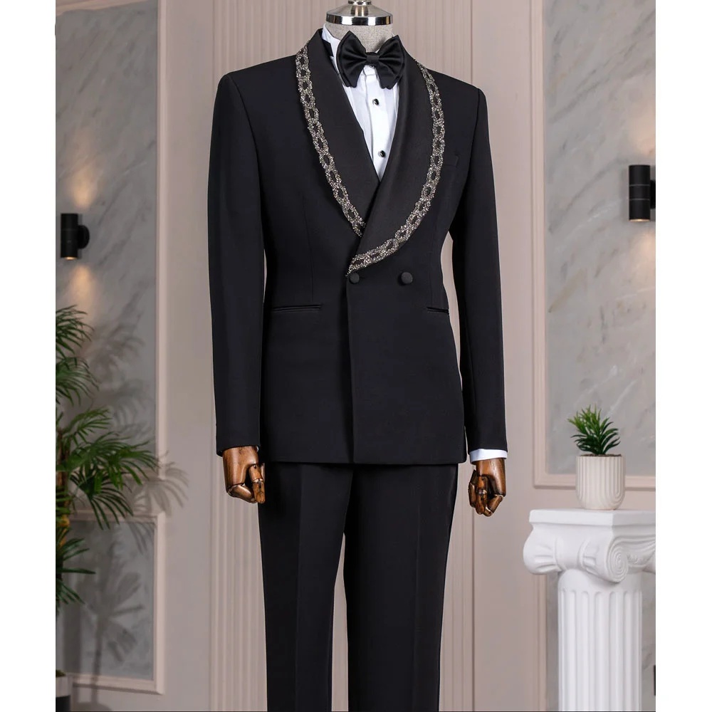 Handsome Wedding Tuxedos 2 Piece Set Shawl Lapel Men Suit Formal Double Breasted Evening Prom Grooms Blazers Customized