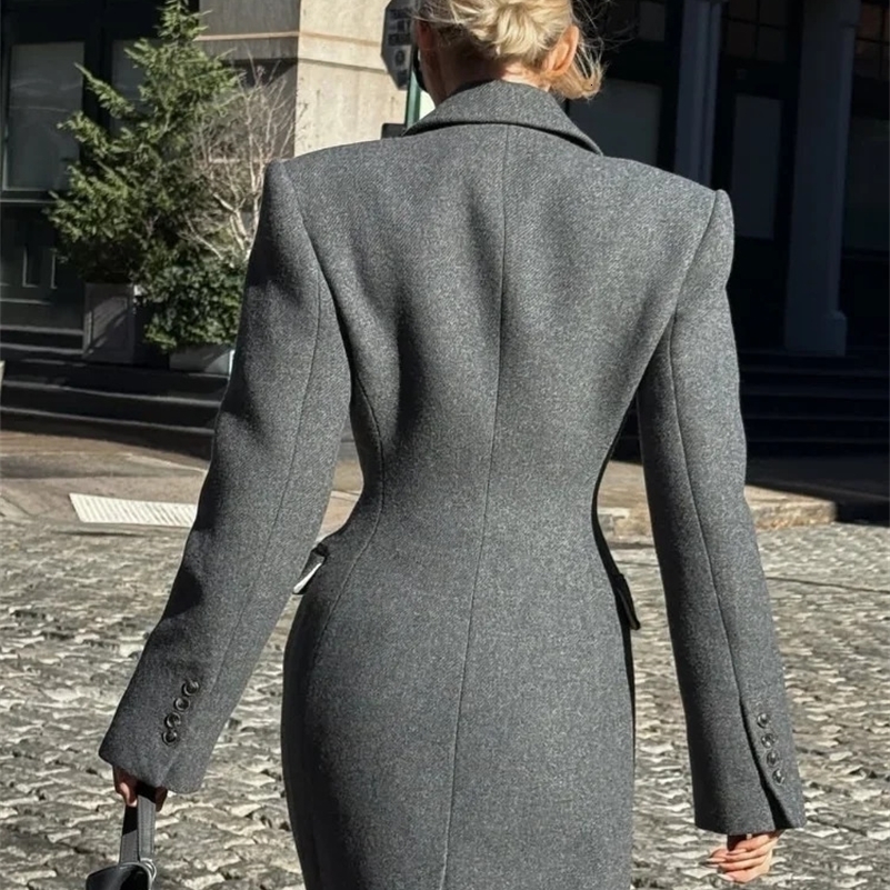 Chic Waist Up Wool Blends Long Jacket Women Lapel Full Sleeves Single Breasted Outerwear 2025 Spring Lady High Streetwear Coats 250903