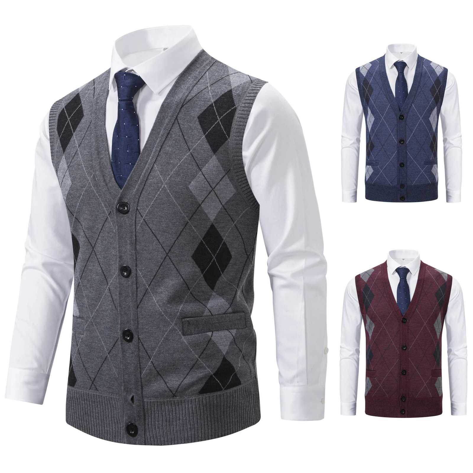 Spring Autumn Men Sweater Vest Smart Casual Knitted Cardigan Button Up Plaid Vests Coat Vintage Fleece Jumper Sleeveless JacketXJ250904