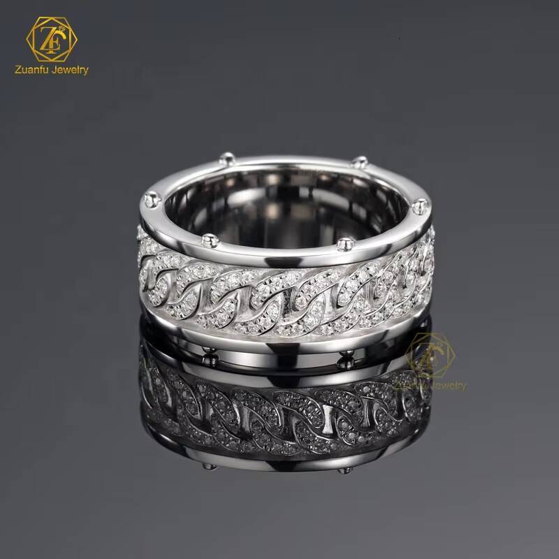 Factory Price 925 Sterling Silver VVS Moissanite Diamond Jewelry Rhodium Plated 8MM Cuban Link Chain Band Ring for Men