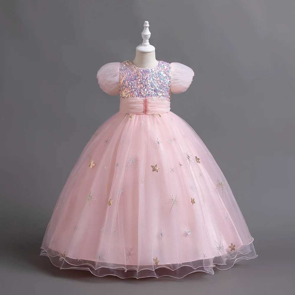 New Pink Fluffy Bubble Sleeves Girl Evening Dress Ball Party Sequin Princess Dress Birthday Dress for 4 to 12 Year Child Z250904
