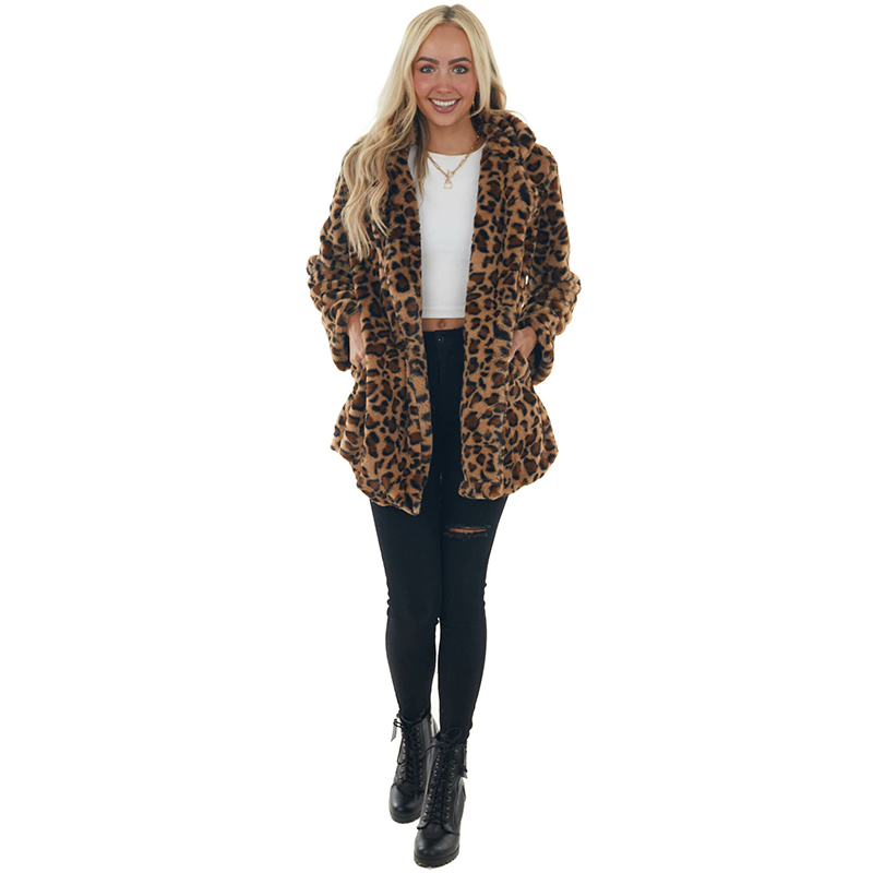2025 European and American autumn and winter leopard print women's clothing fashion temperament imitation fur with pockets loose fur jacket