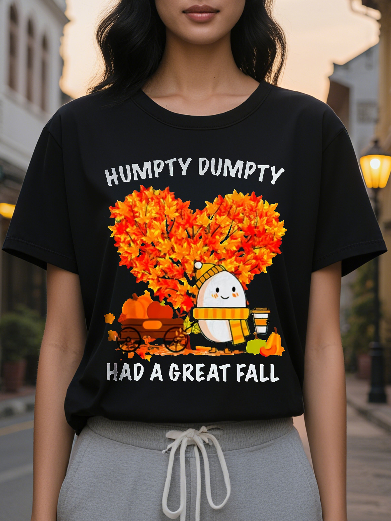 Women's Dark Green Graphic T-Shirt Funny Autumn Saying Tee with Egg Cup Design Casual Everyday Shirt for Halloween