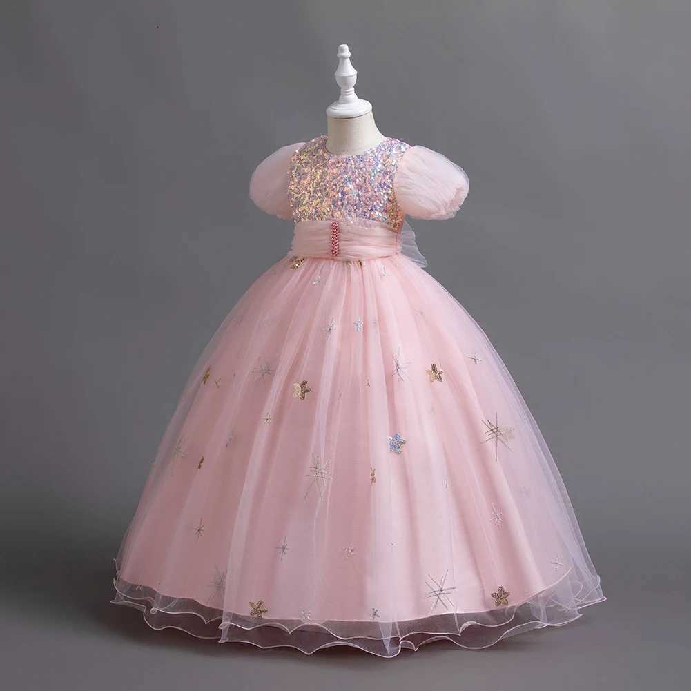 New Pink Fluffy Bubble Sleeves Girl Evening Dress Ball Party Sequin Princess Dress Birthday Dress for 4 to 12 Year Child Z250904