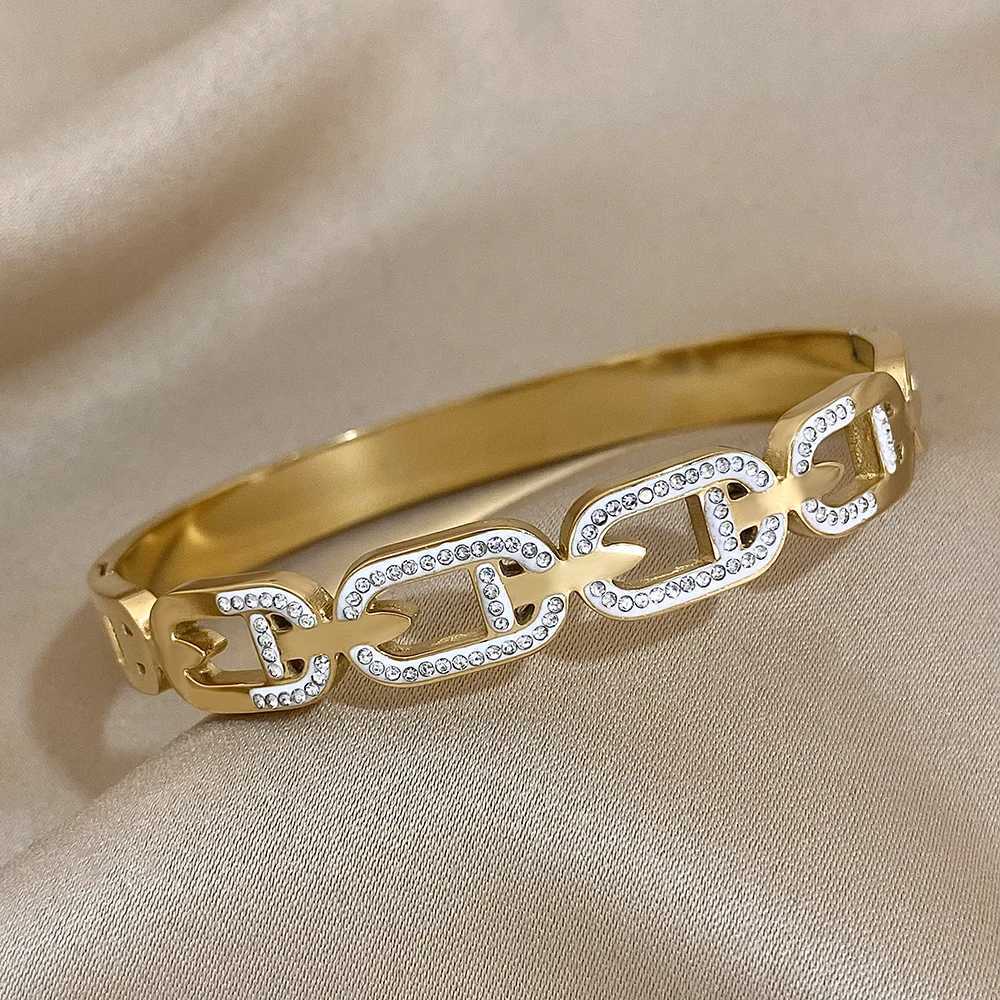 Fashion Hollow Circle Link Bracelet Bangle for Women Geometric Stainless Steel Enamel Rhinestone Cuff Bracelets Jewelry Gifts Y250904