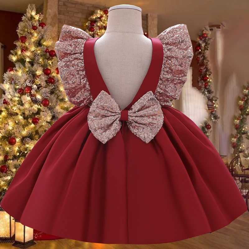 2024 Summer Sequin Big Bow Baby Girl Dress 1st First Birthday Party Wedding Dress For Girl Princess Evening Dresses Kid Clothes Z250904