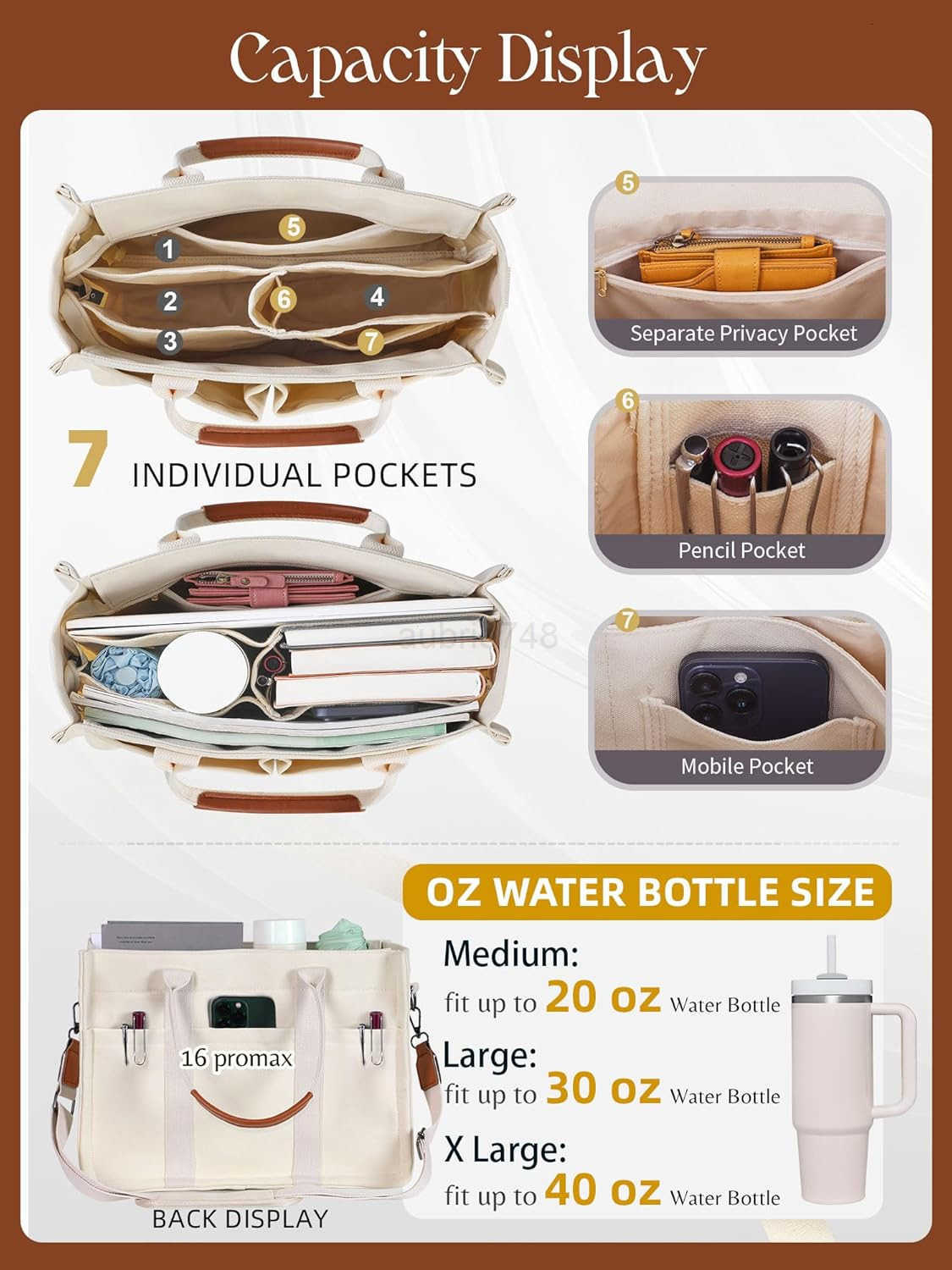 Canvas Tote Bag for Women with Zipper Closure Individual Compartments for Work College for Teacher Nurse M250904