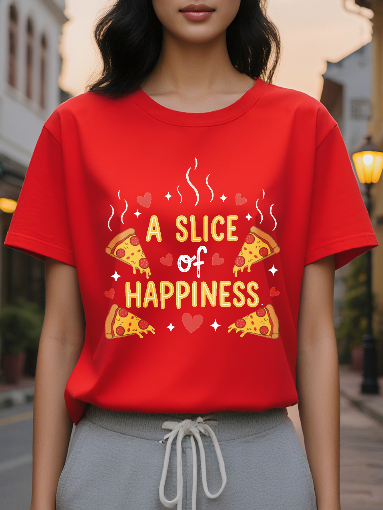 Women's Black T-Shirt with a Piece of Happiness Pizza Pattern, Short Sleeve, Round Neck, Casual Summer Clothing, Fun