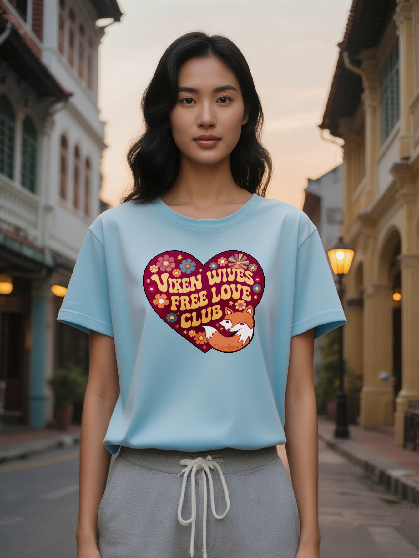 Large XL Women's Casual Short Sleeve T-Shirt Black Top with Vibrant Heart Shaped Floral Vixen Wives Free Love Club Graphic Plus Size