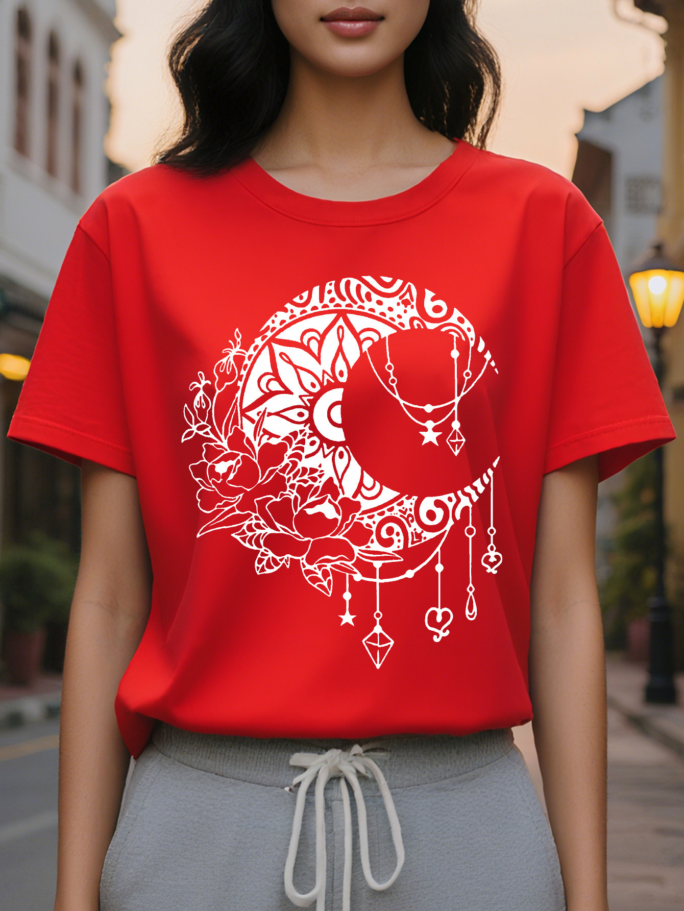 Women's Black Geometric Crescent Moon Stars Print T-Shirt Soft Stretchy Summer Casual Streetwear Top with Round