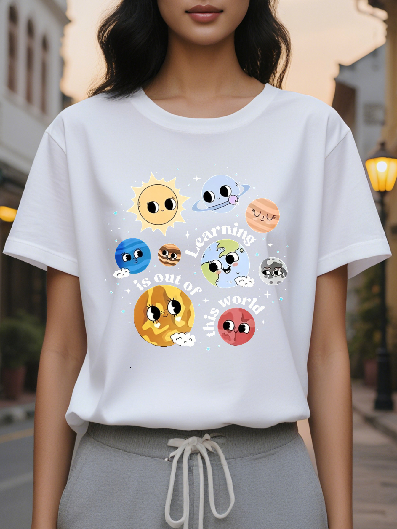 Planet Print Crew Neck T-shirt Short Sleeve Casual Top for Spring Summer Women's Clothing