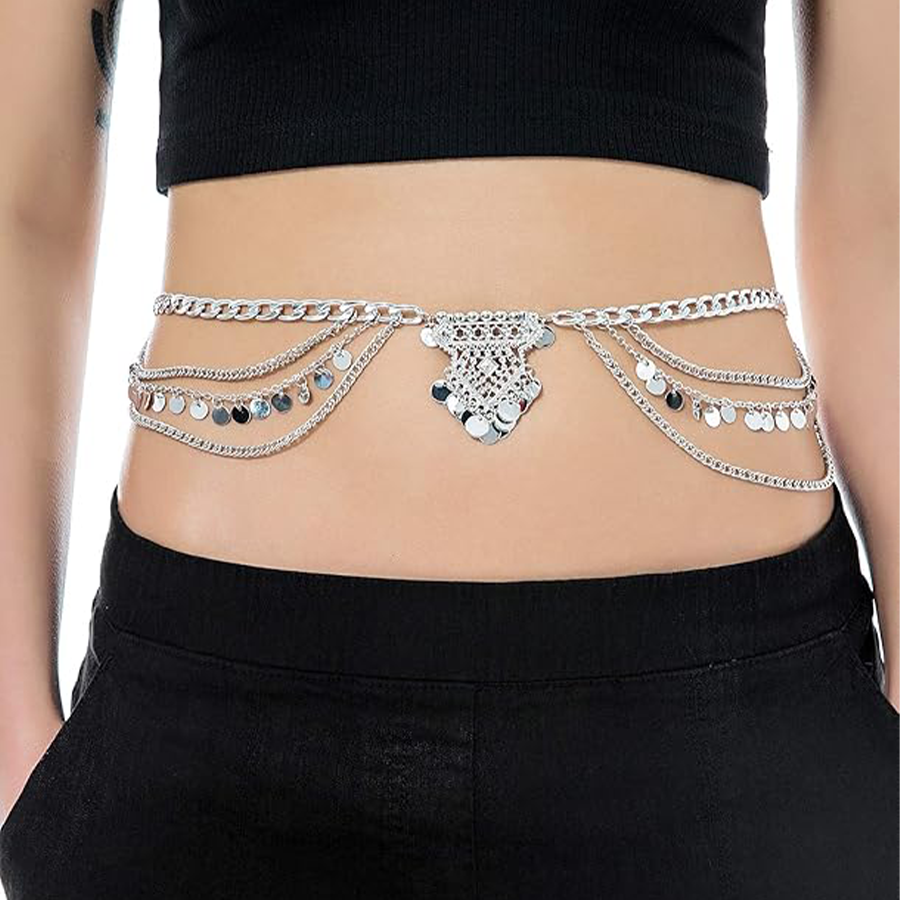 2 PCS Waist Belt Chain Vintage Dangle Dancing Tassel Body Chain Bikini Beach Body Jewelry for Women Silver Tone