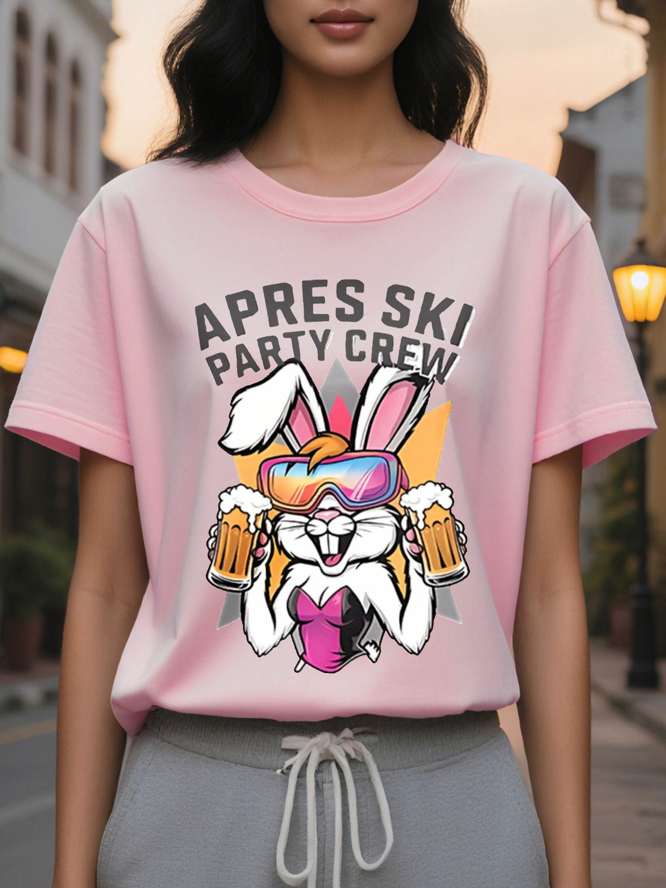 APRES SKI Women's Pattern Short Sleeve T-shirt Fun Rabbit Beer Cup Design Breathable Semi-permeable Fabric Loose