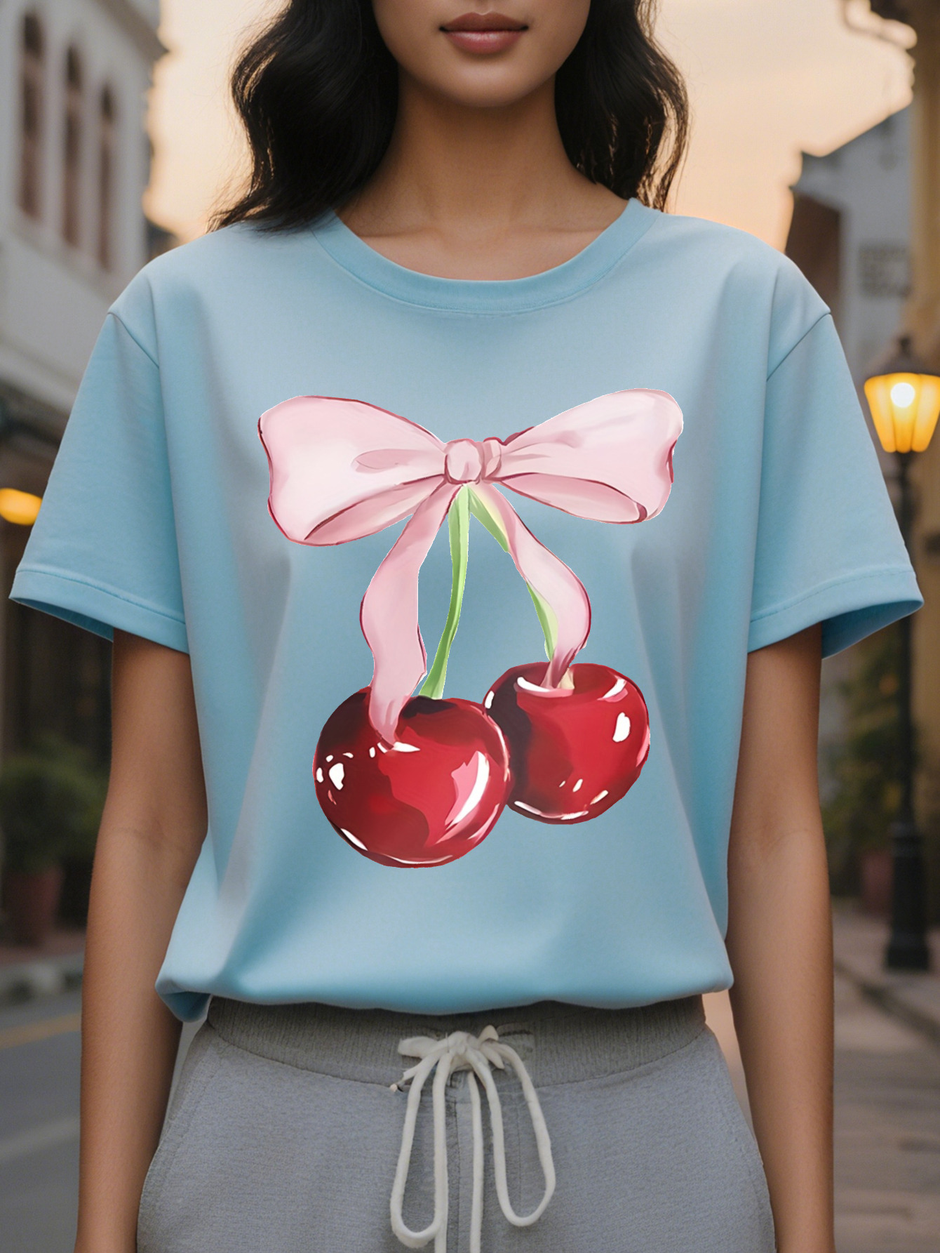 Women s short sleeved T shirt with cherry bow, slim translucent top, round neck, and summer washable white casual dress