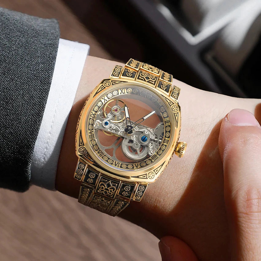 FORSINING Gold Skeleton Mechanical Men Watch Automatic Movement Clock Stainless Steel Strip Male Bronze Wrist Watches 250903