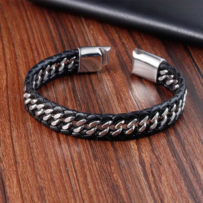 Braided Rope Woven Black Leather Men Bracelets Punk Style Stainless Steel Bangle for Friend Charm Fashion Jewelry Gifts W250904