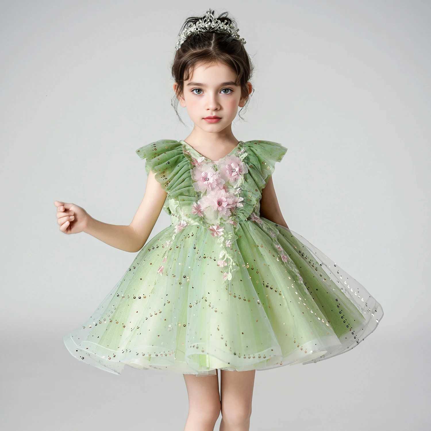 Fly Sleeve Wedding Birthday Green Dresses For Girls 2-8 Years Party Lace Tutu Christening Gown Kids Children Pageant Clothes Z250904