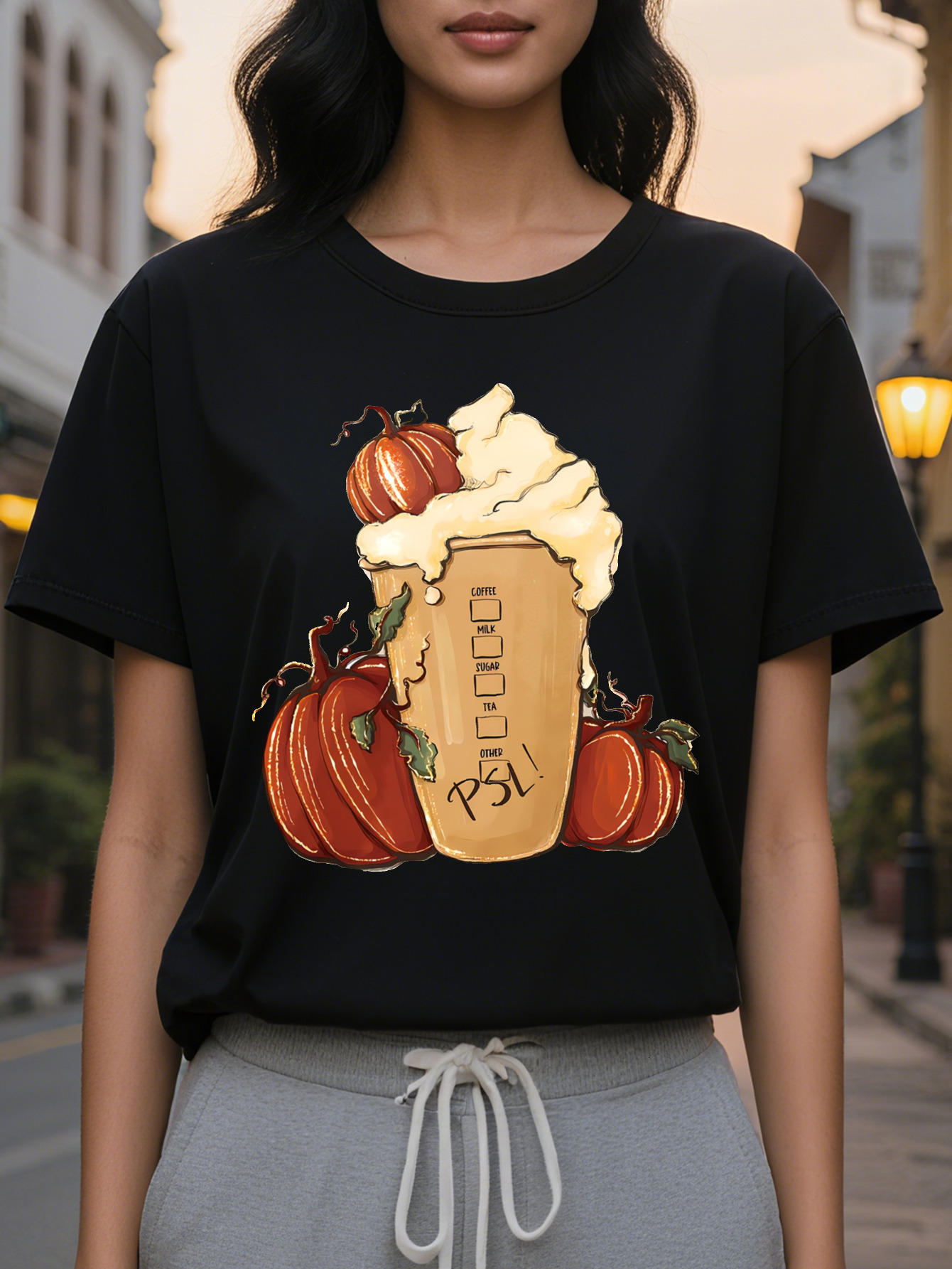 Women S Olive Green Casual T-Shirt Coffee Graphic Tee with Pumpkin Cup Lightweight Summer Top for Fall Outfits
