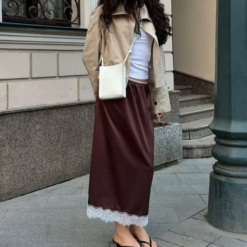 hirigin Women Half Slip Long Skirts Lace Trim Satin Midi Skirt A Line Flowy Silky Maxi Skirt for Under Dress Y2K Streetwear 250903