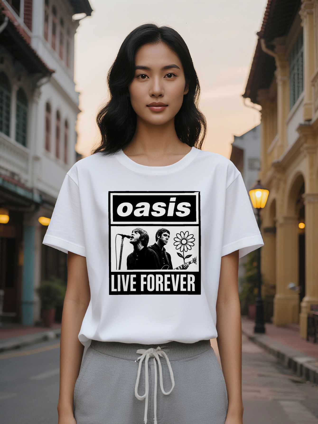 Large XL Lady Live Forever Lyrics Floral Designer Graphic T-Shirt Vintage Band Black with White Print Casual Everyday Concert Plus Size