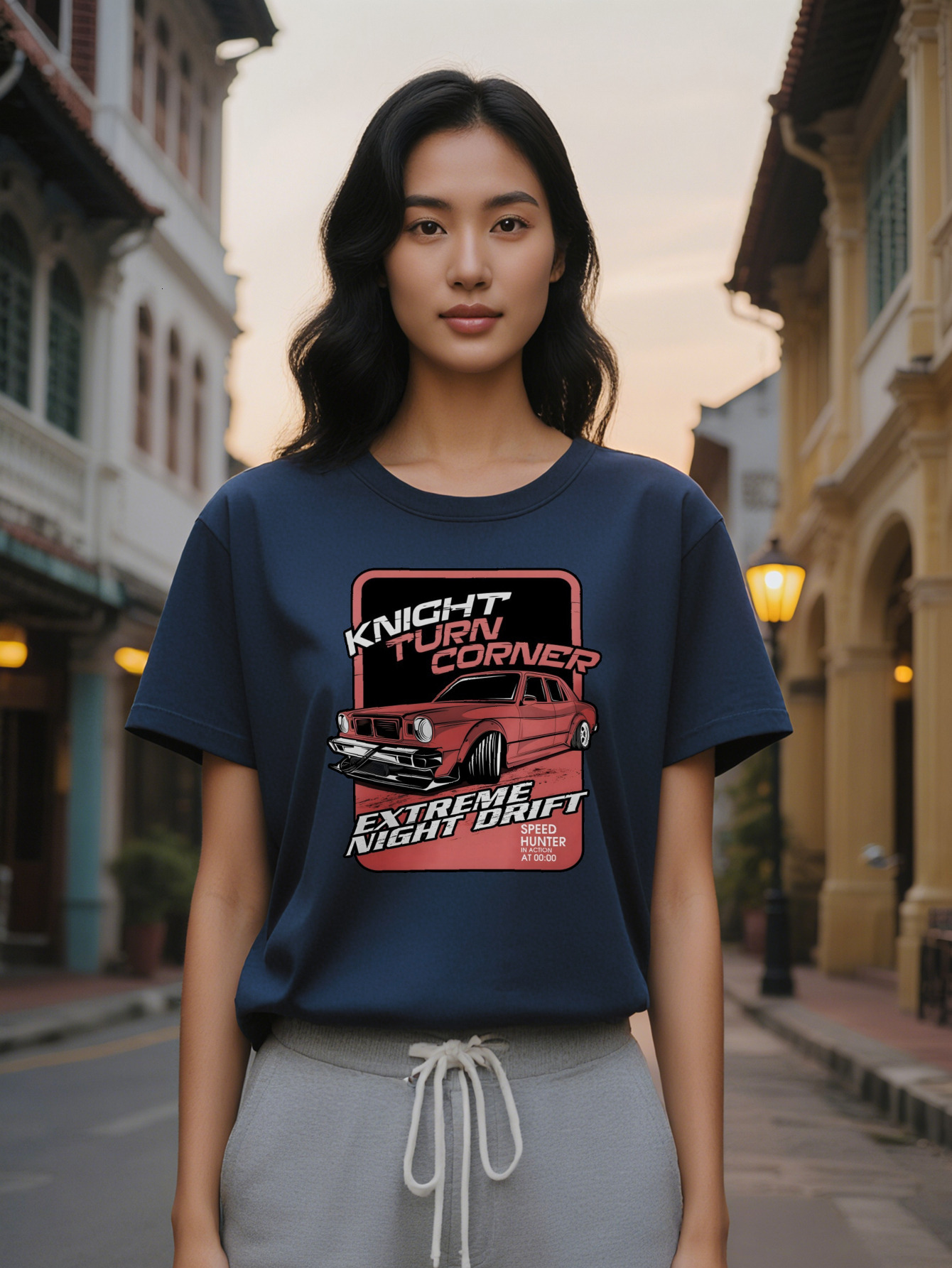 Lady Crew Neck T-Shirt with Red Graphic Knight Turn Corner Design Extreme Night Drift Text Perfect for Enthusiasts
