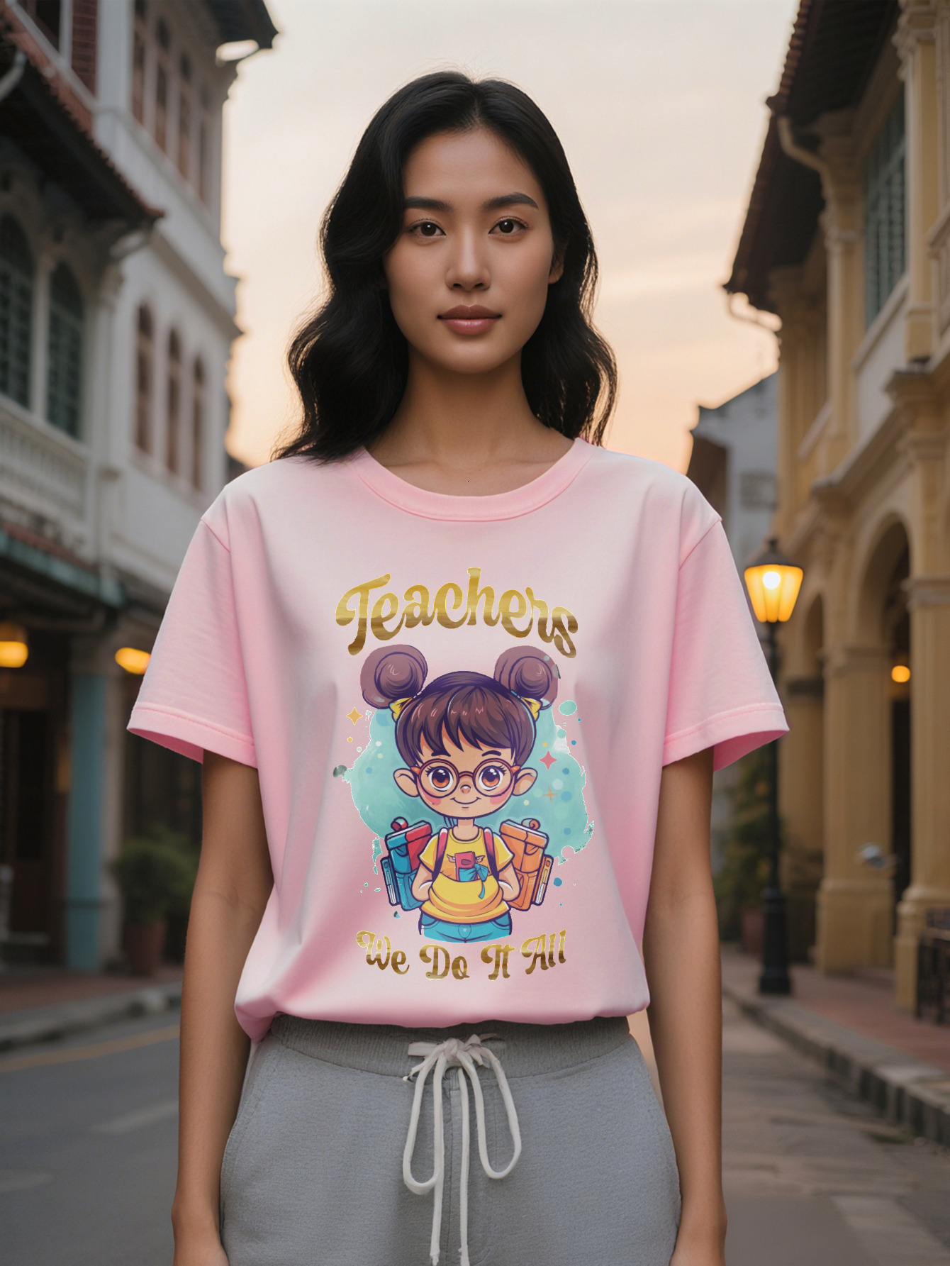 Large XL Lady T Shirt with Cartoon Girl Glasses Teachers We Do It All Print Black Tee, Washable Regular Fit Top for Plus Size