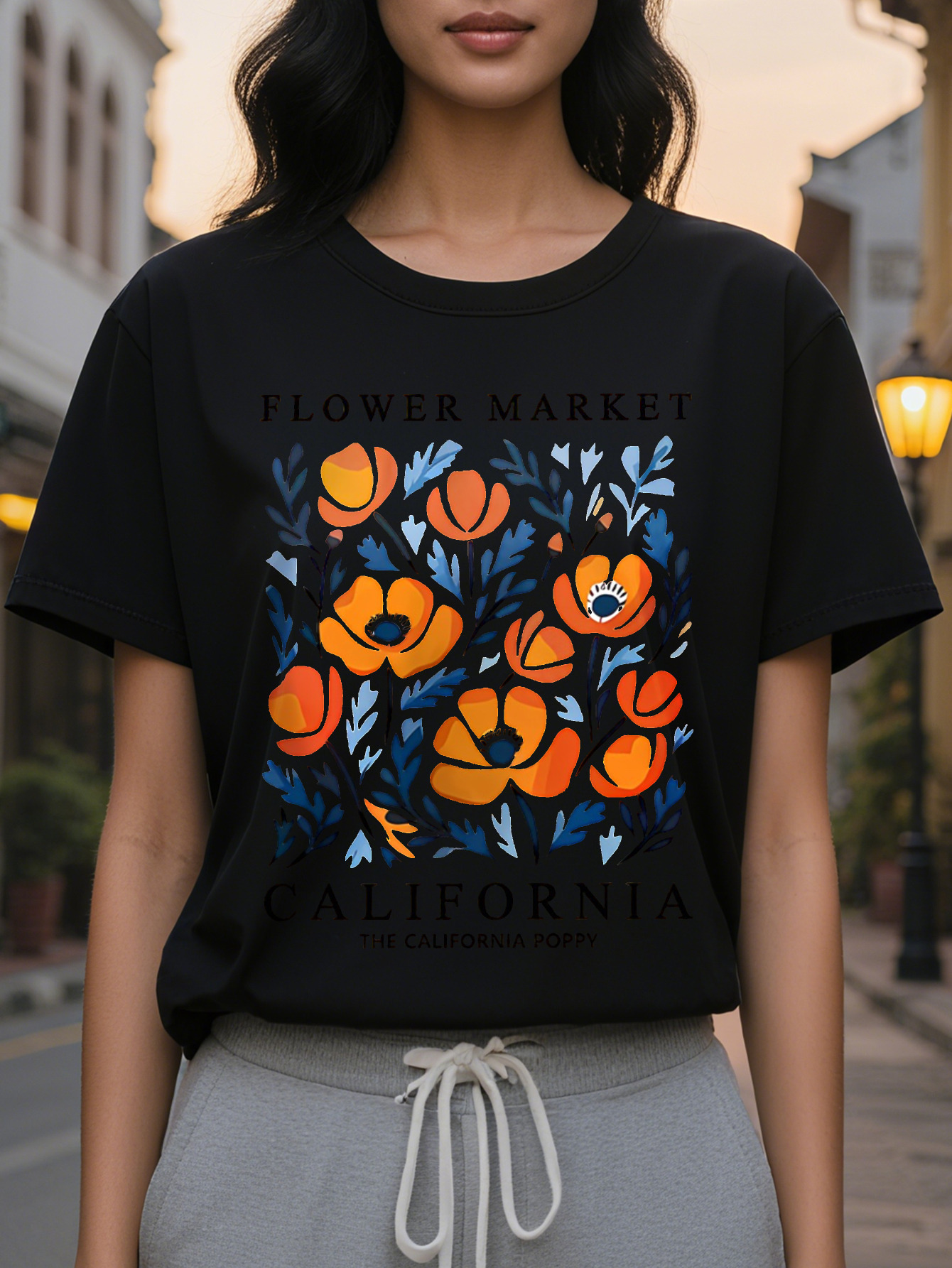 Ladies casual short sleeve round neck T-shirt, cotton fiber knitted fabric, letter printing, regular length, square