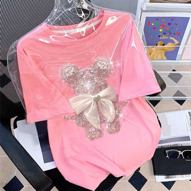 Women's Clothing Goods Three Dimensional Dia Sequin Embroidery Cartoon Short Sleeved T Shirt For Women Summer Loose Fashion Age Reducing Tops