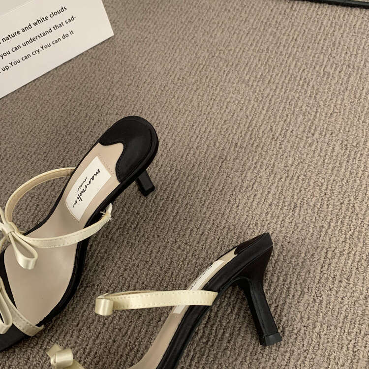 French Fairy Style Designer Shoe Bowknot Black High Heels Women's Stiletto Open Toe Strap Stunning Sandals