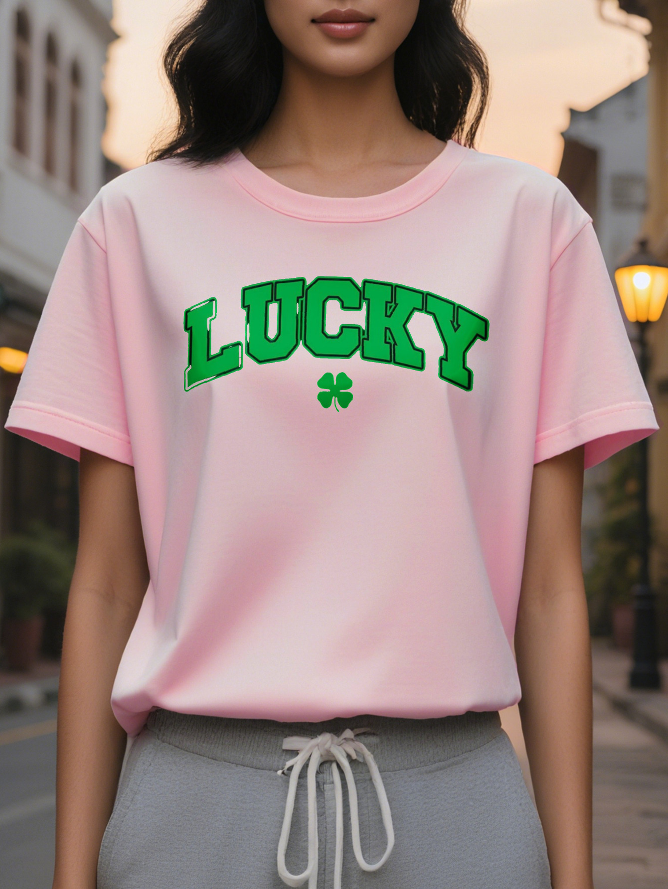 Women's Lucky Four Leaf Clover Print T-Shirt St. Patrick's Day Casual Crewneck Top Cotton Knitted Fabric