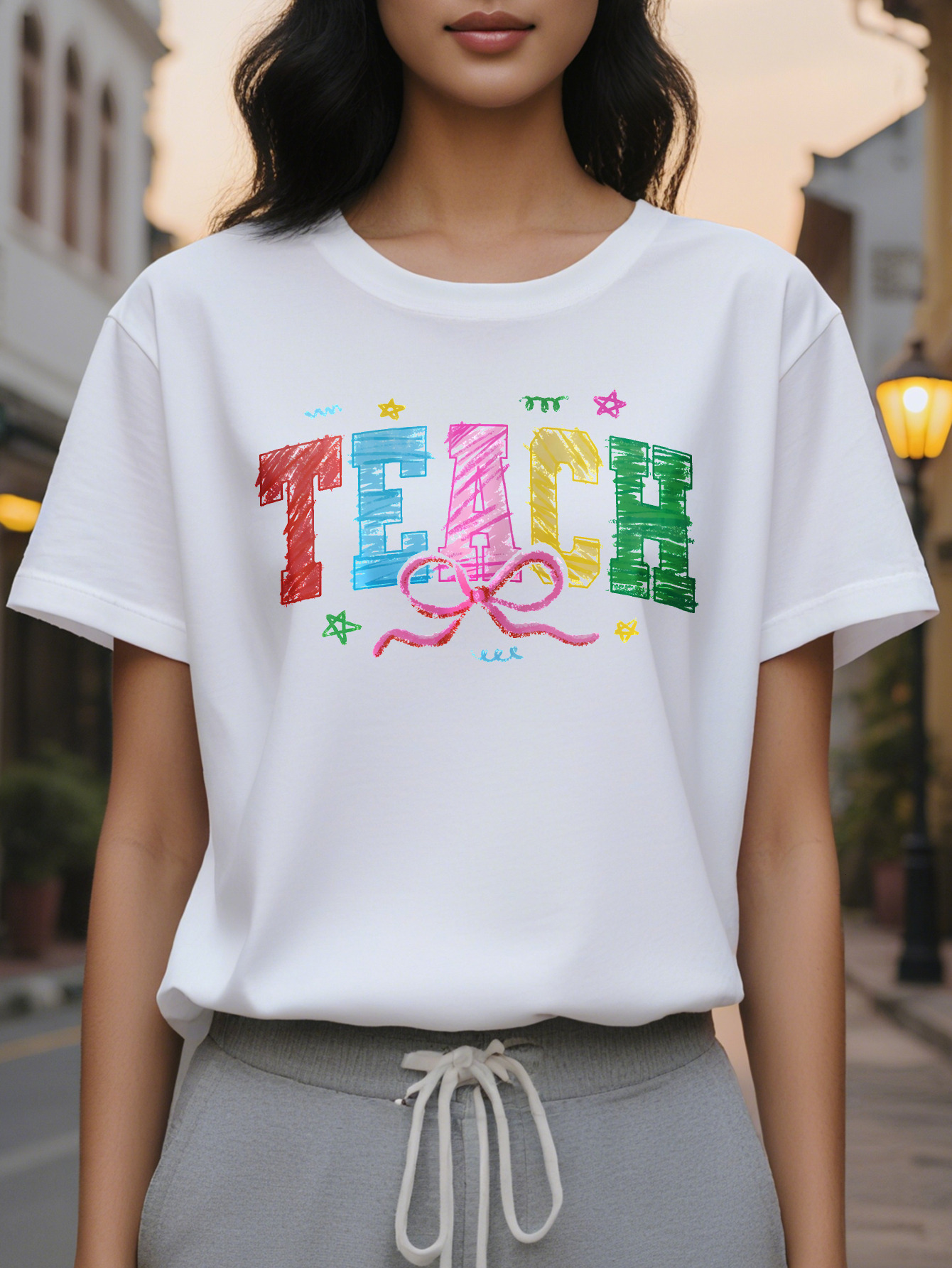 Women s Elegant Short Sleeve Round Neck Cotton Dress, Casual Top with Alphabet Pattern for Summer and Spring