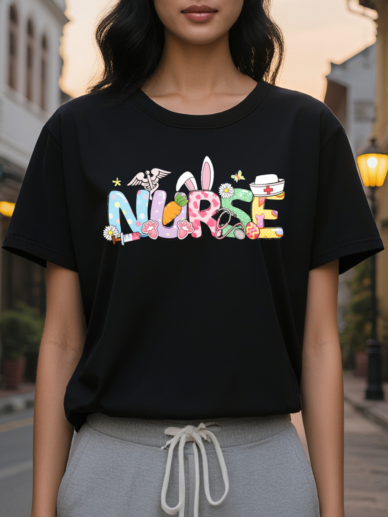 Large XL Women's Easter Nurse Graphic T-Shirt Cotton Casual Round Neck Tee with Cartoon Bunny Floral Print Lightweight Plus Size