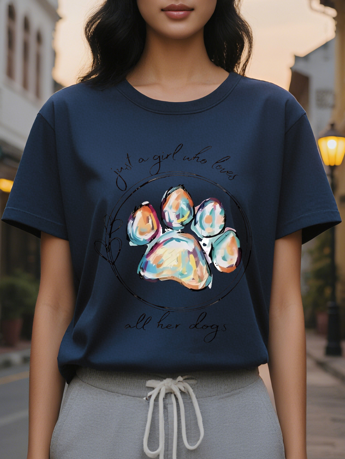 Women's Only Love Her Dog Pattern Short Sleeve T-shirt Cute Claw Printed Round Neck Top Breathable Summer Casual